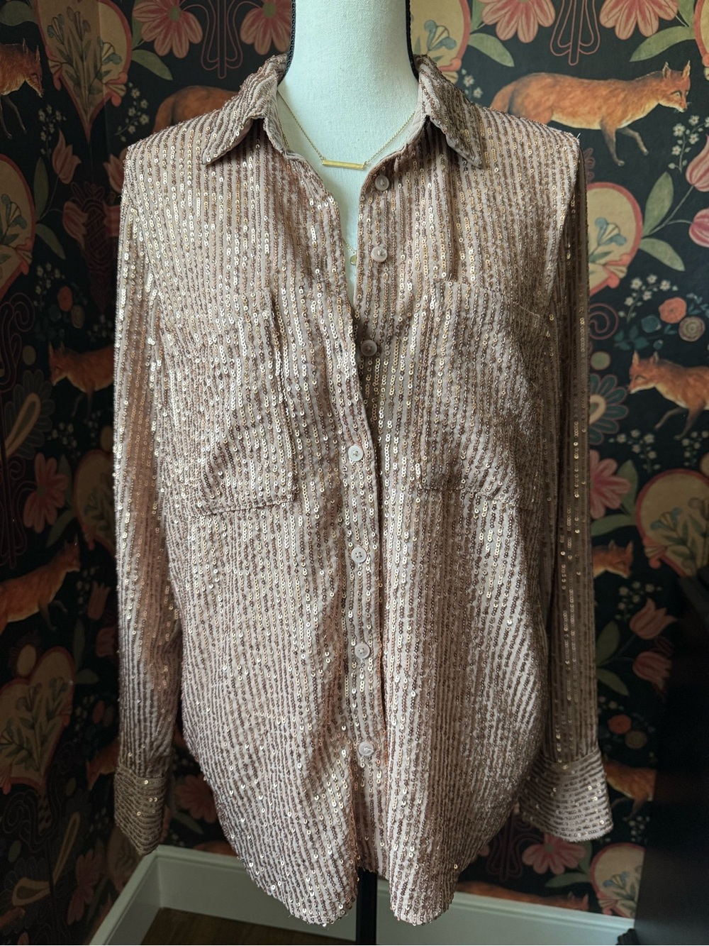 Anthropologie Gold Sequin Blouse Top Size L Festive Long Sleeve